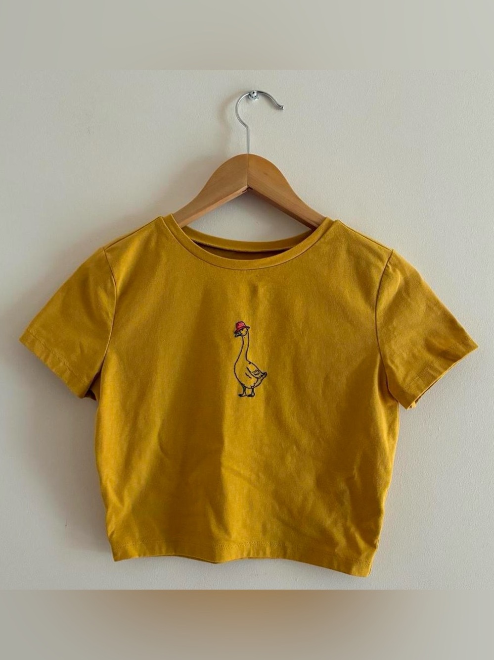Upcycled Hand Embroidered Goose Cropped Yellow Tshirt